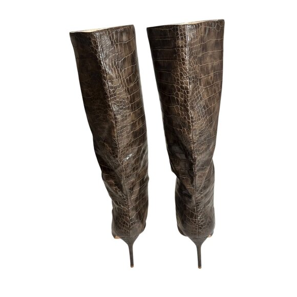 Brown Croc Embossed Knee High Stiletto Heel Boots Size 6 Womens Faux Leather - Picture 4 of 7